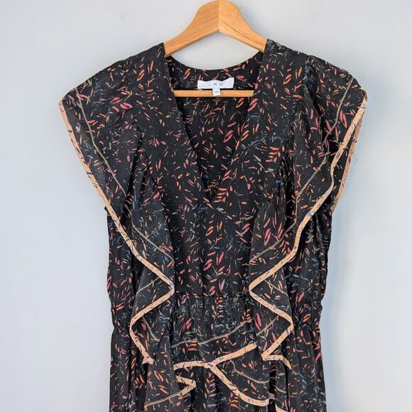 IRO Paris Jicka Ruffled Printed 100 % Silk Crepe Mini Dress, Black, size 36/4 - Picture 2 of 6